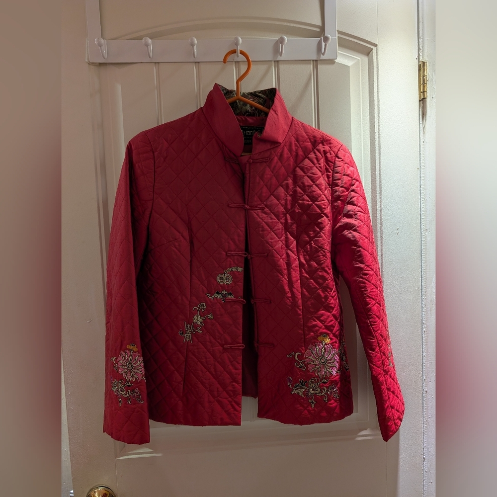 Red Women's Quilted Jacket with Floral Details